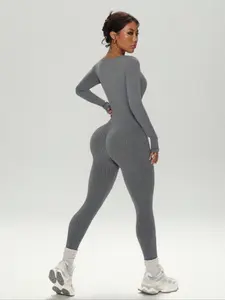 Women's Fall Winter Knitted Ribbed U-Neck Long Sleeve Jumpsuit, Sporty Comfy Jumpsuit, Workout, High Stretch Waistband Tight Fit Pants for Running Fitness Yoga