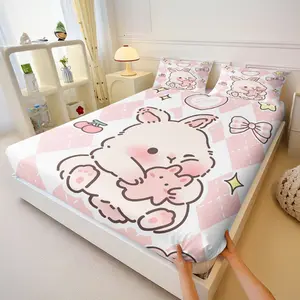Sweet Pink Bunny Print Fitted Sheet Set,Adorable Kawaii Rabbit & Heart Pattern Bed Sheet Set,Whimsical Hop Bunny Bed Sheet Set,Includes 1 Fitted Sheet and 2 Pillowcases,Perfect for Girls' and Women'S Room Girls Women Room Decor