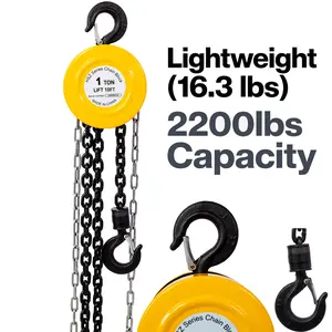 Industrial Manual Chain Hoist, 1t Model with Brake System, 2200lbs Capacity, 10FT Lift, Black/Yellow Steel Chain Block, 2 Heavy-Duty Hooks, Durable for Heavy Lifting in Warehouse, Construction