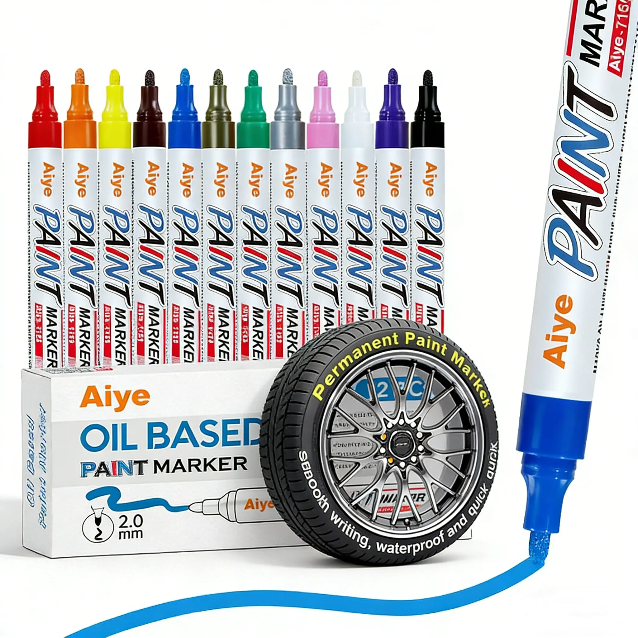 12-Color Oil-Based Permanent Markers with Waterproof Ink, Long-Lasting Quick-Dry Medium-Tip Pens for White Letter Car Tires, DIY Detail, Metal & Wood, White Letter Tires