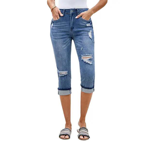 luvamia Women's High Waisted Stretch Capri Jeans, Distressed Ripped Skinny Fit Cropped Denim with 5 Pockets, Pocket, Distressed Ripped Jeans, Bottom, Basic, Cropped Calf-Length Jeans