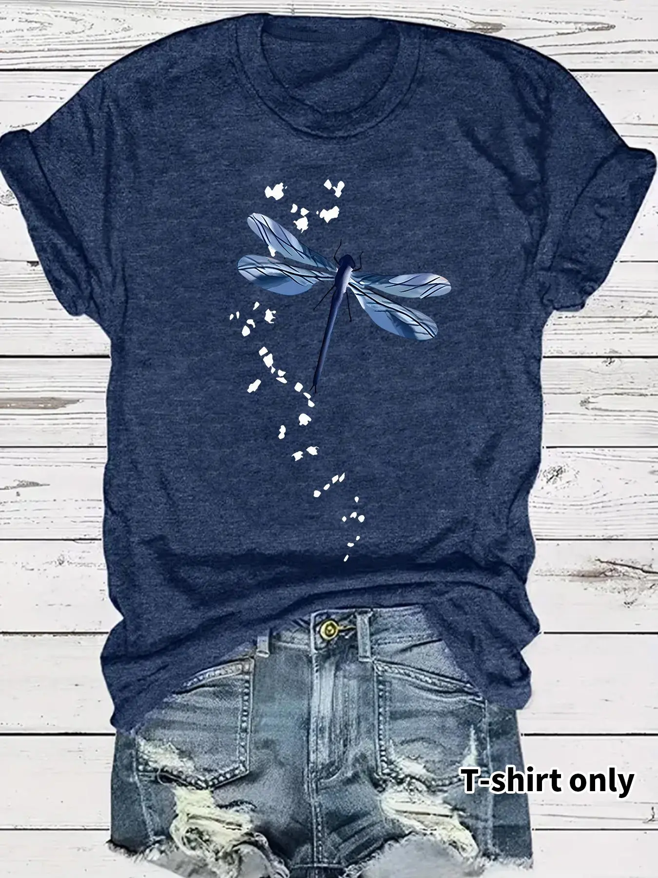 Women's Dragonfly Print Round Neck Tee, Casual Short Sleeve Crew Neck Fitted T-Shirt Fit for Spring, Fashion Women's Top for Daily Wear, Summer, Womenswear