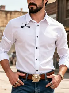 Men's Western Cowboy Style Shirt, Bull Head Arrow Embroidery Long Sleeve Slim Fit Casual Blouse, All Seasons Fashion Top