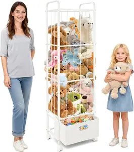 Stuffed Animal Storage, Metal Stuff Animals Zoo Holder with Fabric Drawer and Wheels Tall Vertical Plushies Toy Organizer Plush Storage Cage with Elastic Band for Nursery Playroom Corner