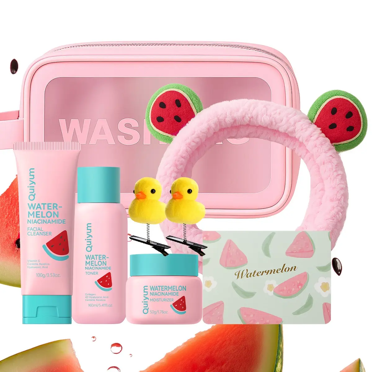 Quiyum Watermelon Skincare Maintenance Set, 8pcs Hydrating Moisturizer Set Summer Gift Set With Facial Cleanser,Toner,Eye Cream,Face Cream,Bandeau,Hairpin,Card,Makeup Bag,Hydrating Moisturizing Skin Care Kit for Women & Girl, Best Gift Ideas