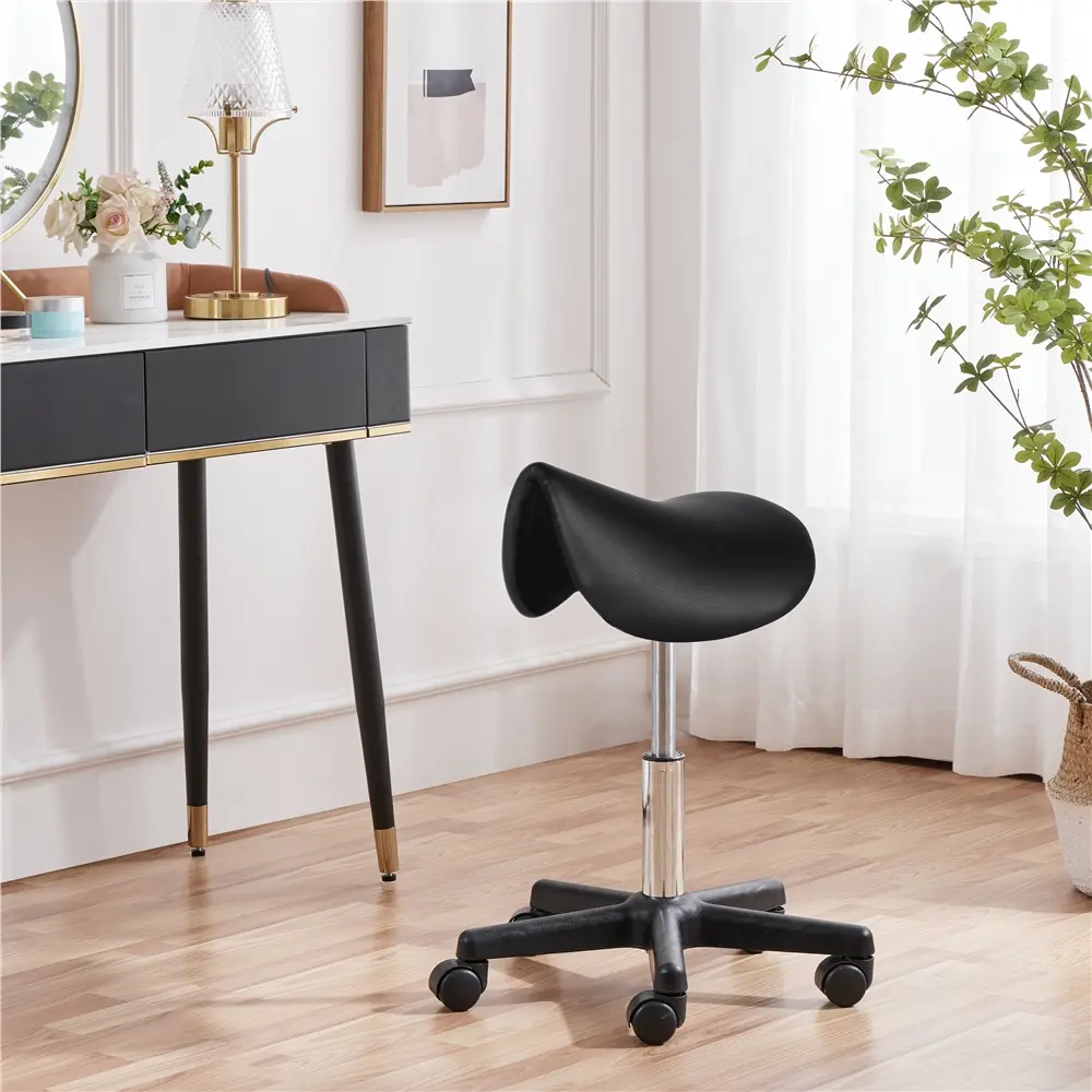 Yaheetech PU Leather Rolling Saddle Hairdressing Chair with Wheels, 360-Degree Swivel, Height Adjust, 360-Degree Swivel, Barbers Salon Equipment