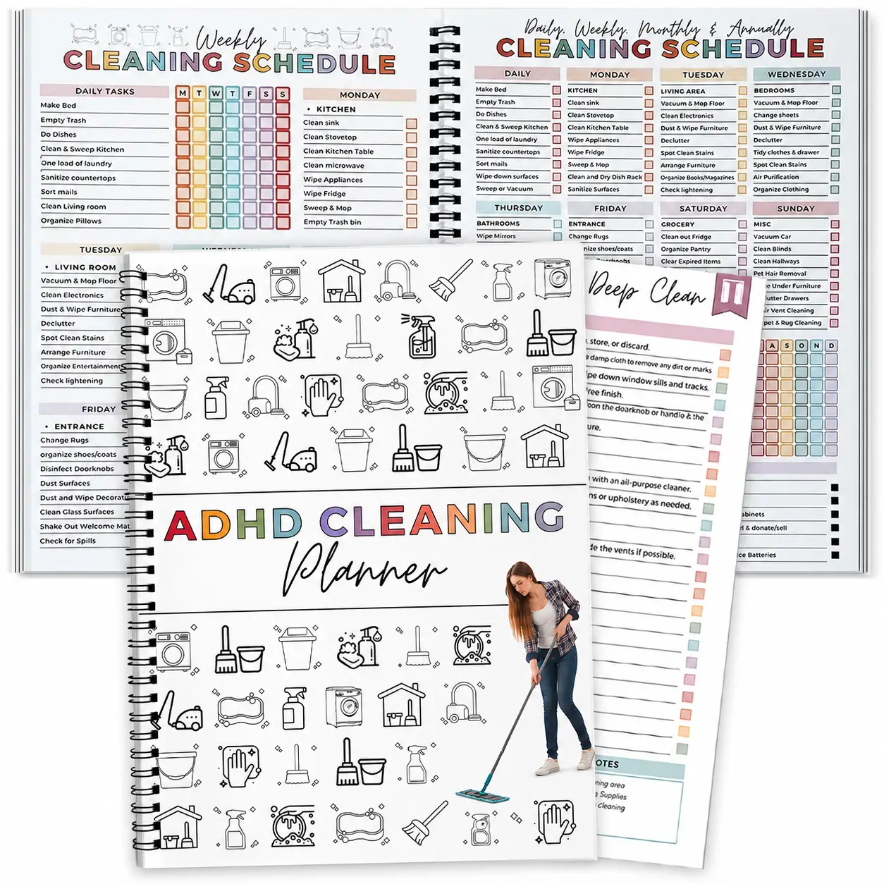 ADHD Cleaning Planner - Paper Pages Office Organiser with Checklists, Daily-Weekly-Monthly Schedules, Colorful Layout & Clean Routine Tools for Adults