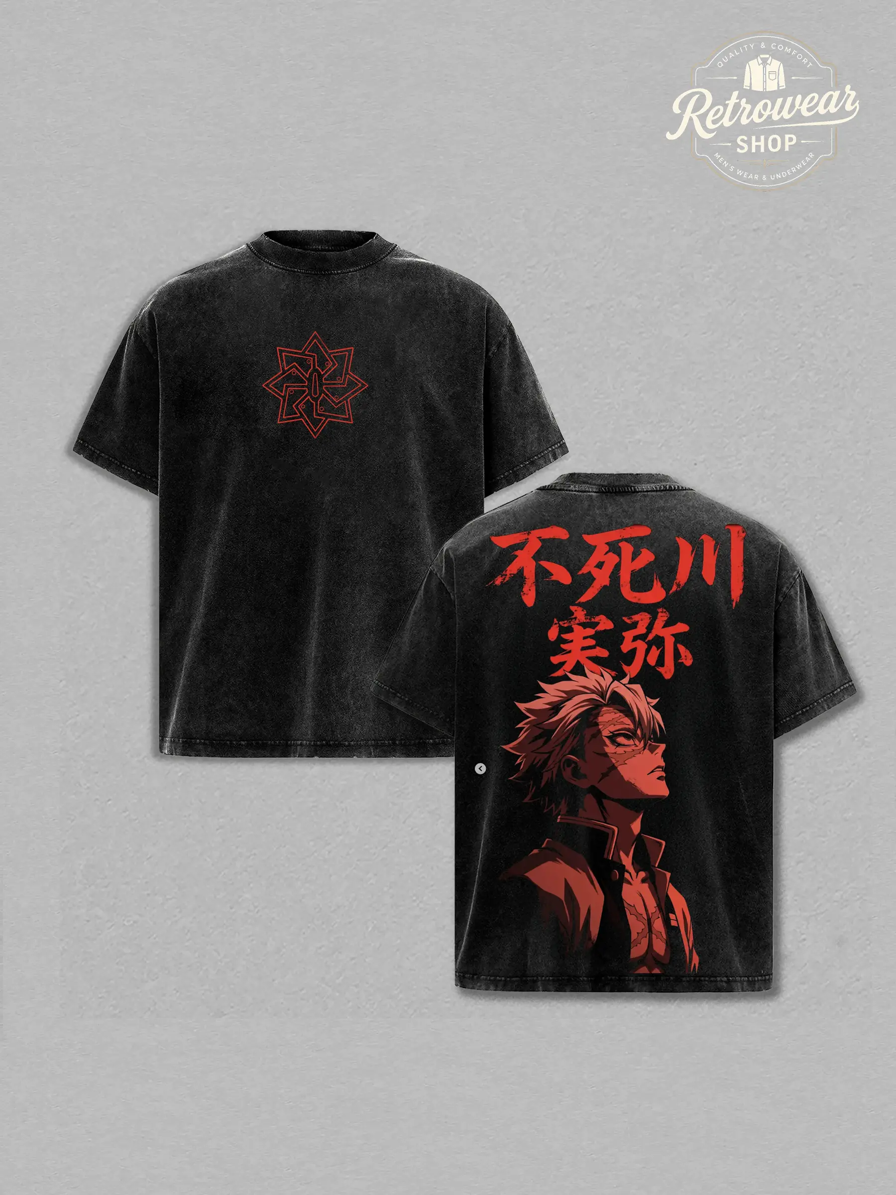 Unisex Demon Slayer Sanemi Shinazugawa Graphic Menswear T-Shirt - Heavy Cotton Acid Washed, Double Printed, Oversize, Short-Sleeve, Round Neck, Casual Streetwear Top