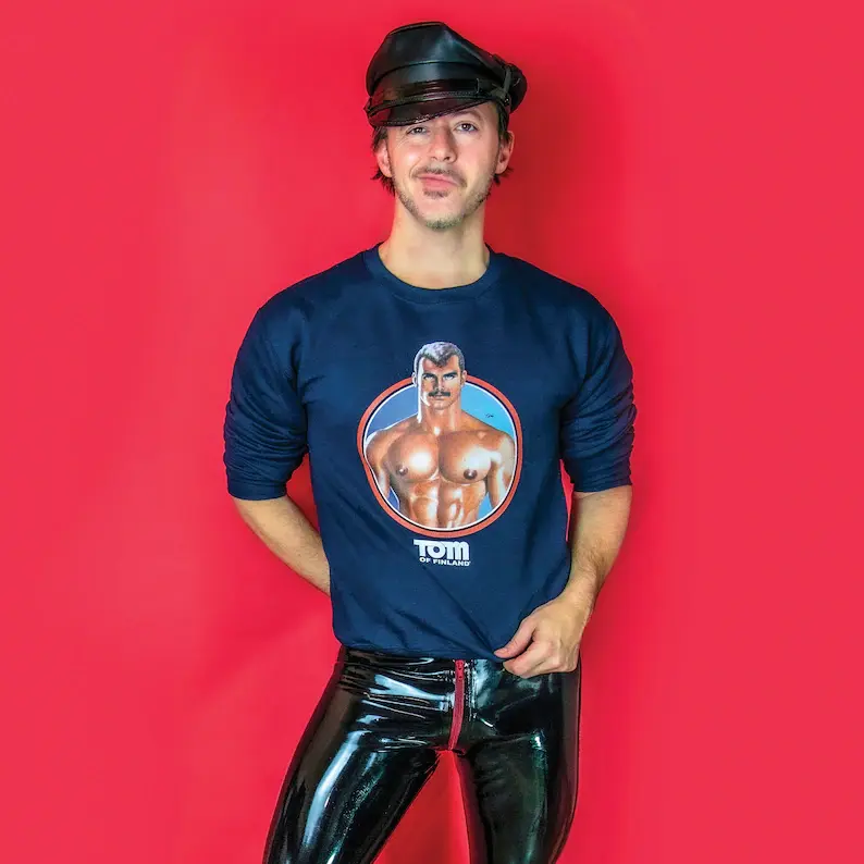 Men's Tom of Finland Tribute Art Crewneck Sweatshirt, Vintage-Inspired Graphic Pullover with Iconic Artistic Motifs, 100% Cotton Heavyweight Retro Streetwear Top for Casual Wear