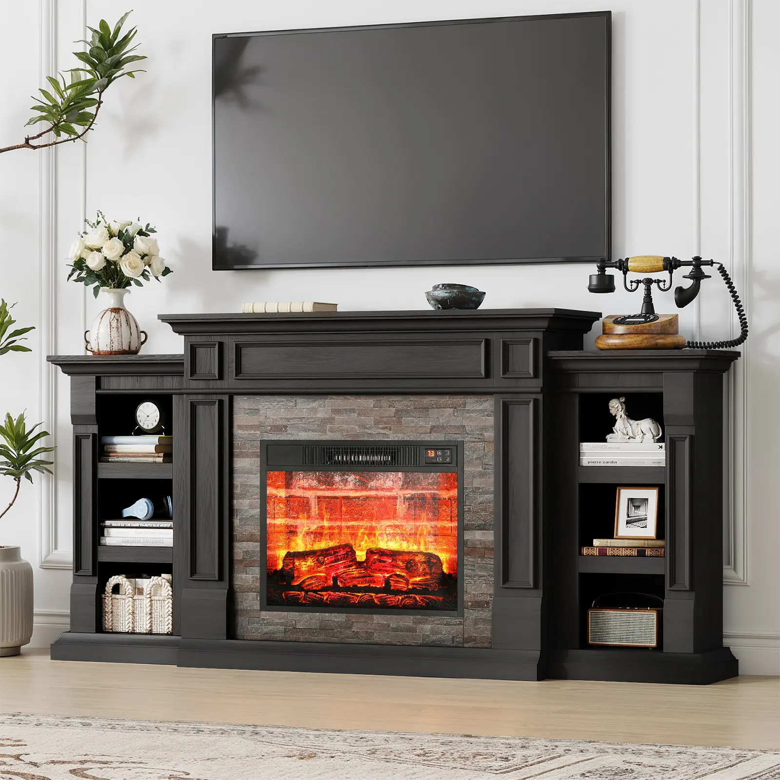 [2 package shipping]LGHM 70" Electric Fireplace with Mantel, Fireplace TV Stand for TVs Up to 80 Inch, Modern Entertainment Center with Storage, Realistic 3D Flame Effect and Stacked Stone Surround Design for Living Room