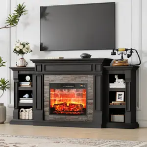 [2 package shipping]LGHM 70" Electric Fireplace with Mantel, Fireplace TV Stand for TVs Up to 80 Inch, Modern Entertainment Center with Storage, Realistic 3D Flame Effect and Stacked Stone Surround Design for Living Room