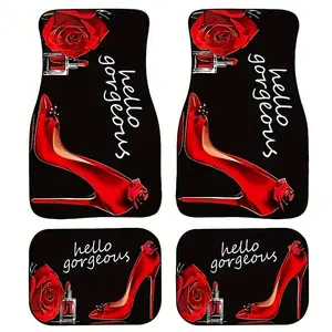 A set of four red high-heel car mats with a printed design. They are absorbent, non-slip, and washable. They offer stylish protection for car interiors and are suitable for sedans, vans, and SUVs, perfect for all seasons. An ideal gift for...