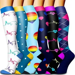 Flimexa Glow 6 Pairs Calf Compression Socks for Women & Men – Quick-Dry Breathable Support, Secure Stay-Up Fit, Patterned & Dots Fashion Design, Great for Running, Hiking & Travel