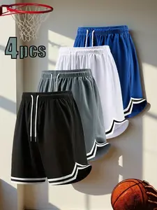 4-Pack Summer Loose Straight-Leg Basketball Shorts — Minimalist Solid Color Ice Silk, Breathable and Versatile Casual Athletic Shorts for Running, Fitness, Outdoor Sports, and Beach Wear