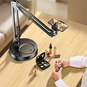 Black  DigitalStylish 360-Degree Rotating Desk Phone Stand with Weighted Base and Metal Arm for Live Streaming & Aerial Photography
