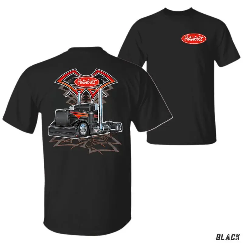 Men's Red Black Peterbilt Rig Graphic Print T-Shirt - Short-Sleeve Round Neck Cotton-Spandex Casual Top, Unisex American Trucking Streetwear, 4th of July Outfit for Car Enthusiasts, Digital Print, XL Sizes Available, Fourth Of July