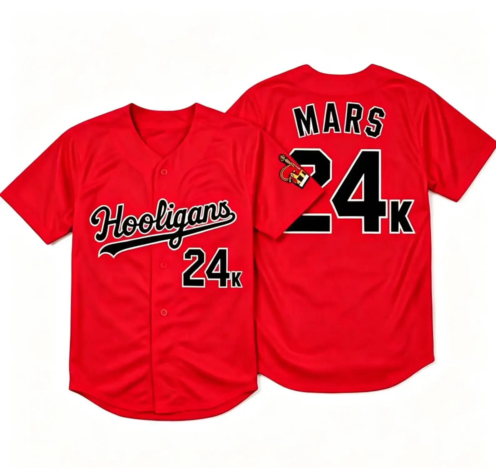 Hooligans 24K Red Baseball Jersey, Mars 24 Graphic Baseball Shirt, Unisex Sports Top
