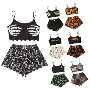 Christmas Pajamas Women Cartoon Print Lettuce Trim Cami Top and Shorts Cute Funny Skeleton Pajama Sets Sleepwear Halloween