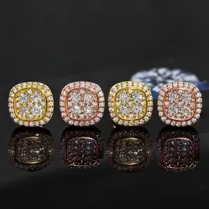 HELLOICE Moissanite Stud Earrings Screw Back Square Cluster Halo 10mm Synthetic Moissanite S925 Earrings Jewerly Gift