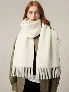 Solid Color Tassel Decor Fluffy Soft Scarf, Elegant Thickened Shawl for Women & Men, Fashion Accessories for Fall & Winter