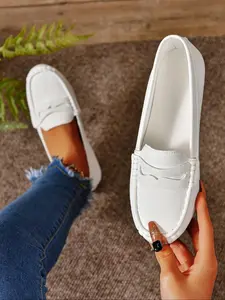 Women's Solid Color Slip on PU Leather Loafers, Casual Comfortable Breathable Flat Sole Shoes for Daily Wear, Lightweight Breathable Shoes for All Seasons