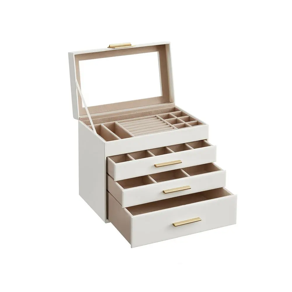 SONGMICS HOME Jewelry Box with Glass Lid, 4-Layer Jewelry Organizer, 3 Drawers, for Sunglasses, Jewelry Storage, Modern Style
