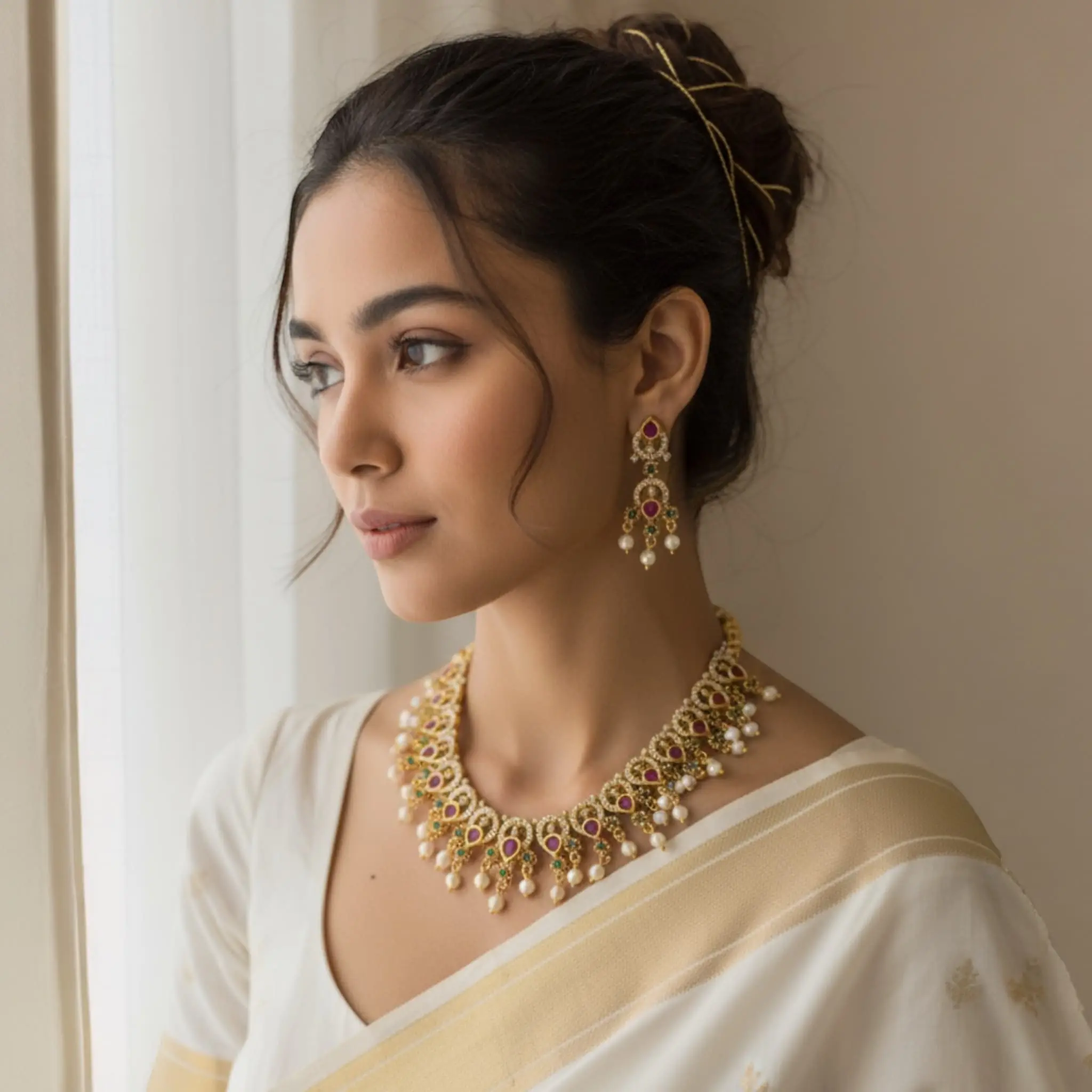 Gaurika Multicolor Antique Gold Finish CZ Necklace Set With Faux Pearl