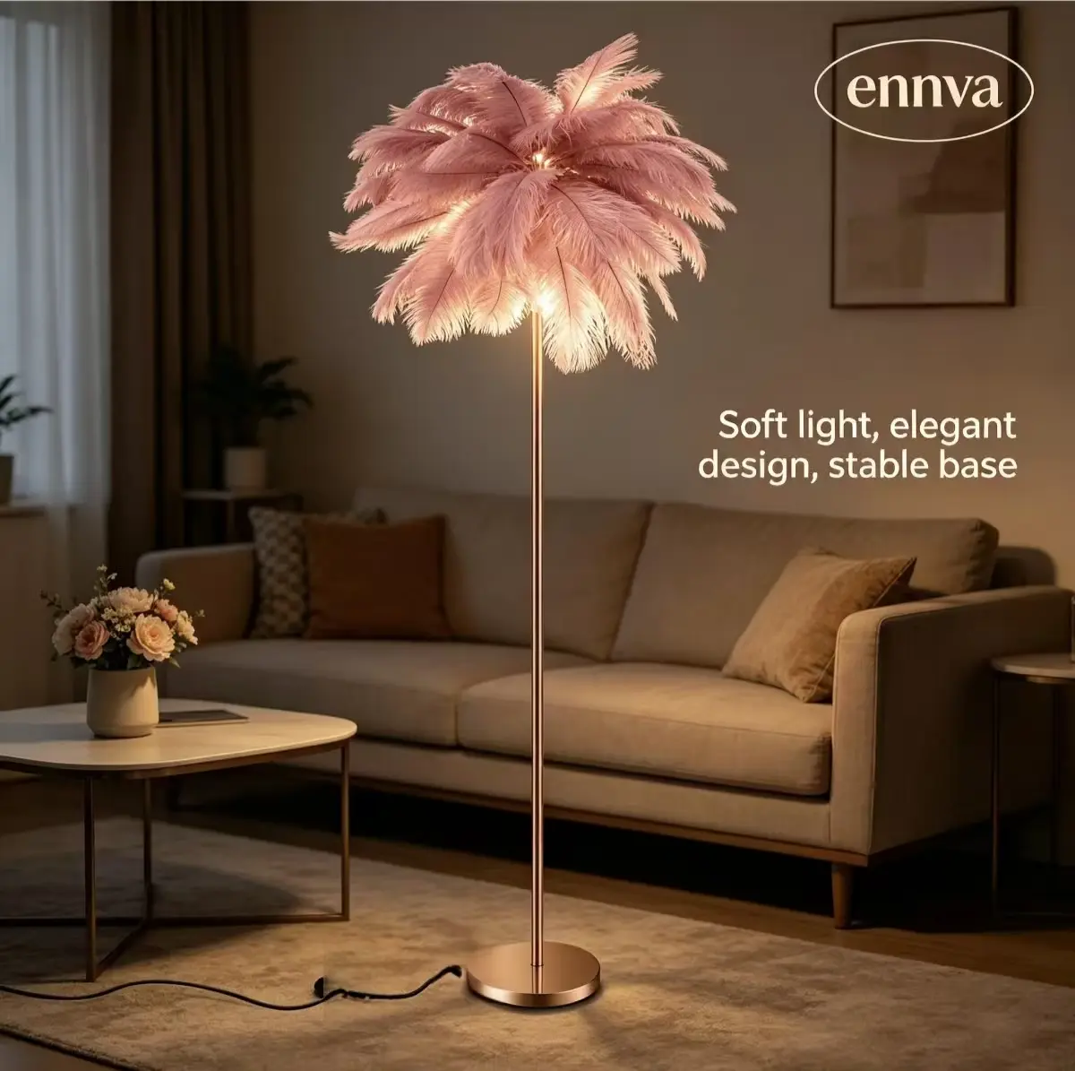 home essentials Ennva Blush Pink Fluffy Ostrich Feather Floor Lamp - Rose Gold Curved Tall Standing Lamp with 3 Color Temperatures, Dimmable Bright LED Bulb, Modern Stylish Indoor Light for Living Room, Bedroom Aesthetic Decor socket adjustable night