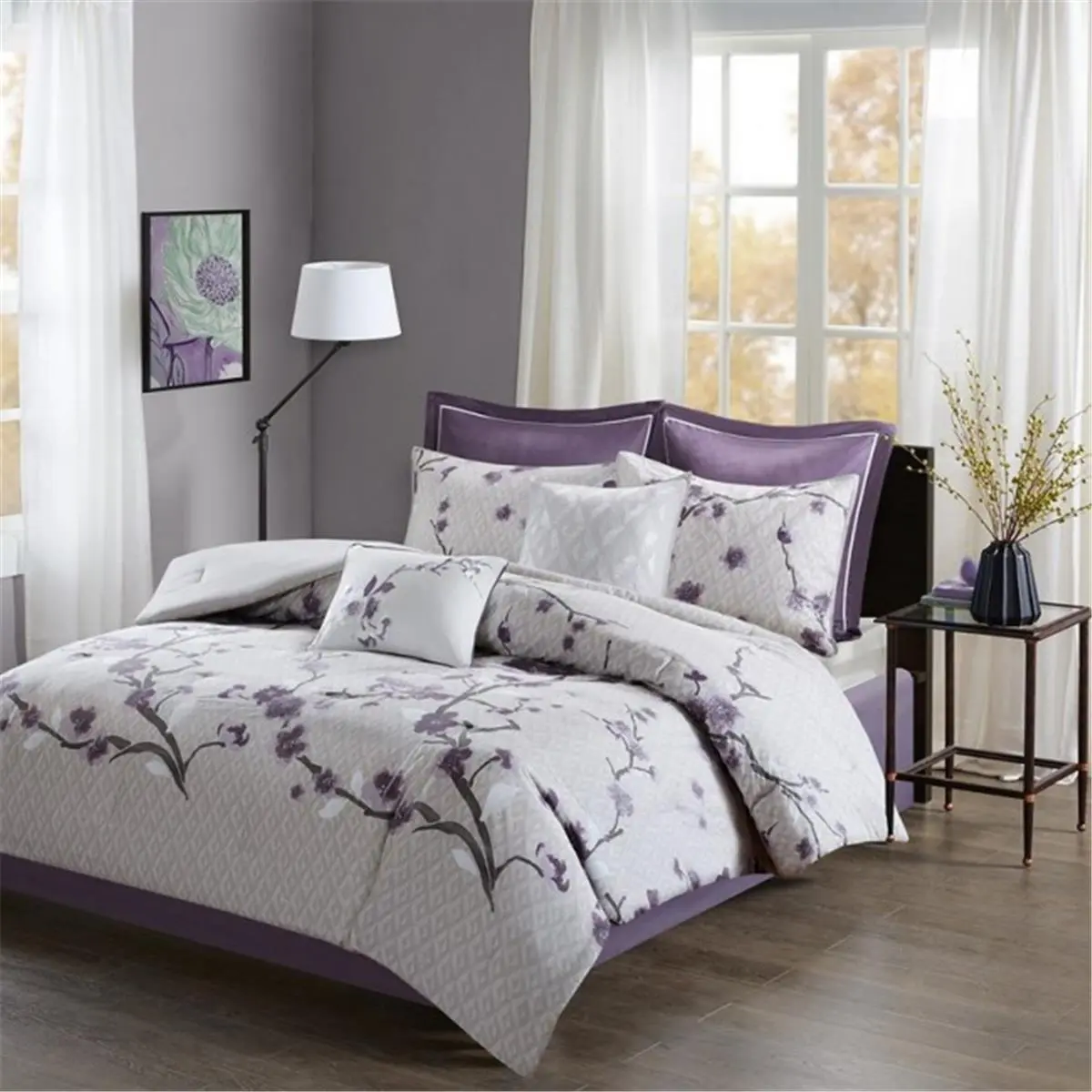 Madison Park Holly Cotton Floral Comforter Set - King Size - 8-Piece Purple Reptile & Amphibian Decoration