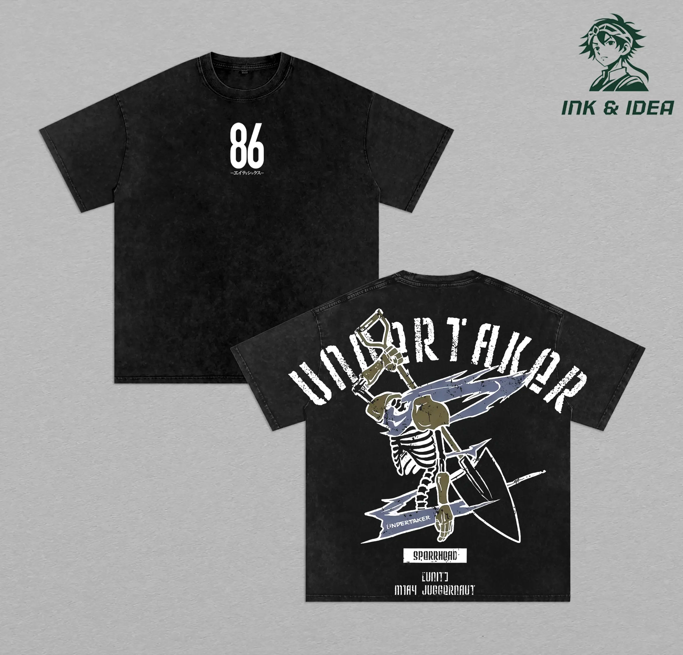 86 Eighty Six Undertaker Anime Double Printed Vintage Washed Tee Unisex Oversize Anime Manga Washed Heavyweight Cotton T-shirt