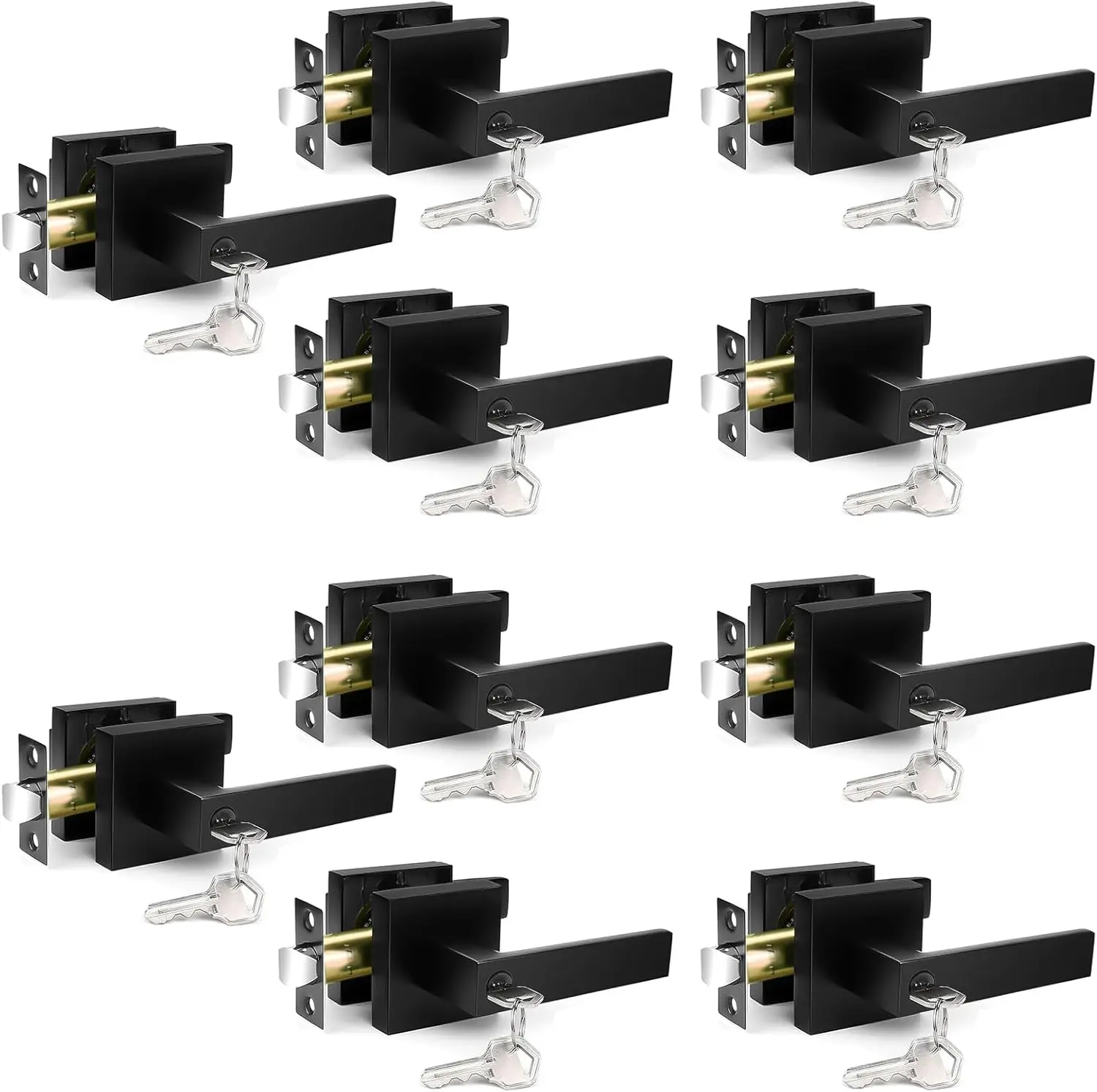 6/10 Pack Entry Door Lock Set, Square Door Lever for Bedroom, Passage Door Privacy Locking Interior/Exterior Entry Door Knob/Heavy Duty Lock Different Keys