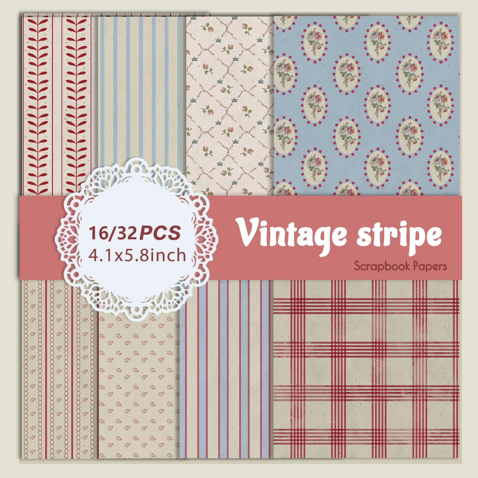 16/32 Sheets Vintage Stripe Wave Point Pattern Scrapbook Paper Scrapbook Page Scrapbooking Supplies Scrapbook Materials for Junk Journal Gift Wrapping DIY Card Making Handmade Crafts