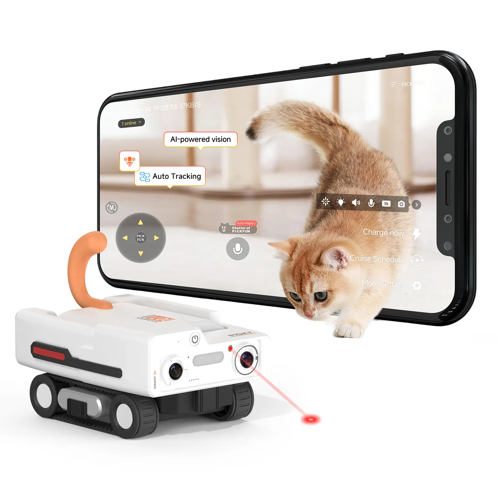 PICKFUN A3 Self-Moving Pet Camera AI-Powered Rover with Auto Tracking & Patrol, Movable 2K Live View, Night Vision, 2-Way Talk, and Auto-Recharge for Cats and Dogs remote