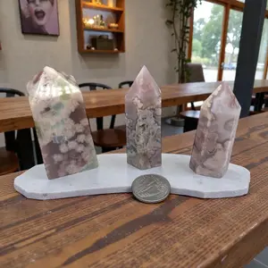 Green Flower Agate Tower | Cherry Blossom Agate Points | Pink & Mint Plume Crystal | Healing Decor |