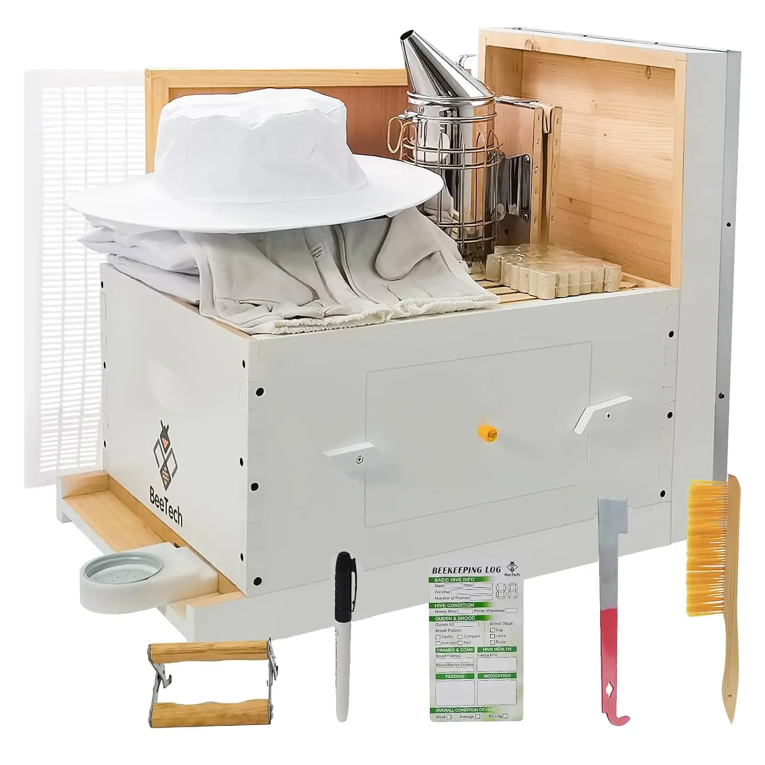 BeeTech Newest Windows 8 Frame Bee Hive Boxes Starter Kit Hand Painted Includes Beekeeping Supplies Tools & Bee Suit Sting Proof Modern White Home Wood Beginner Friendly