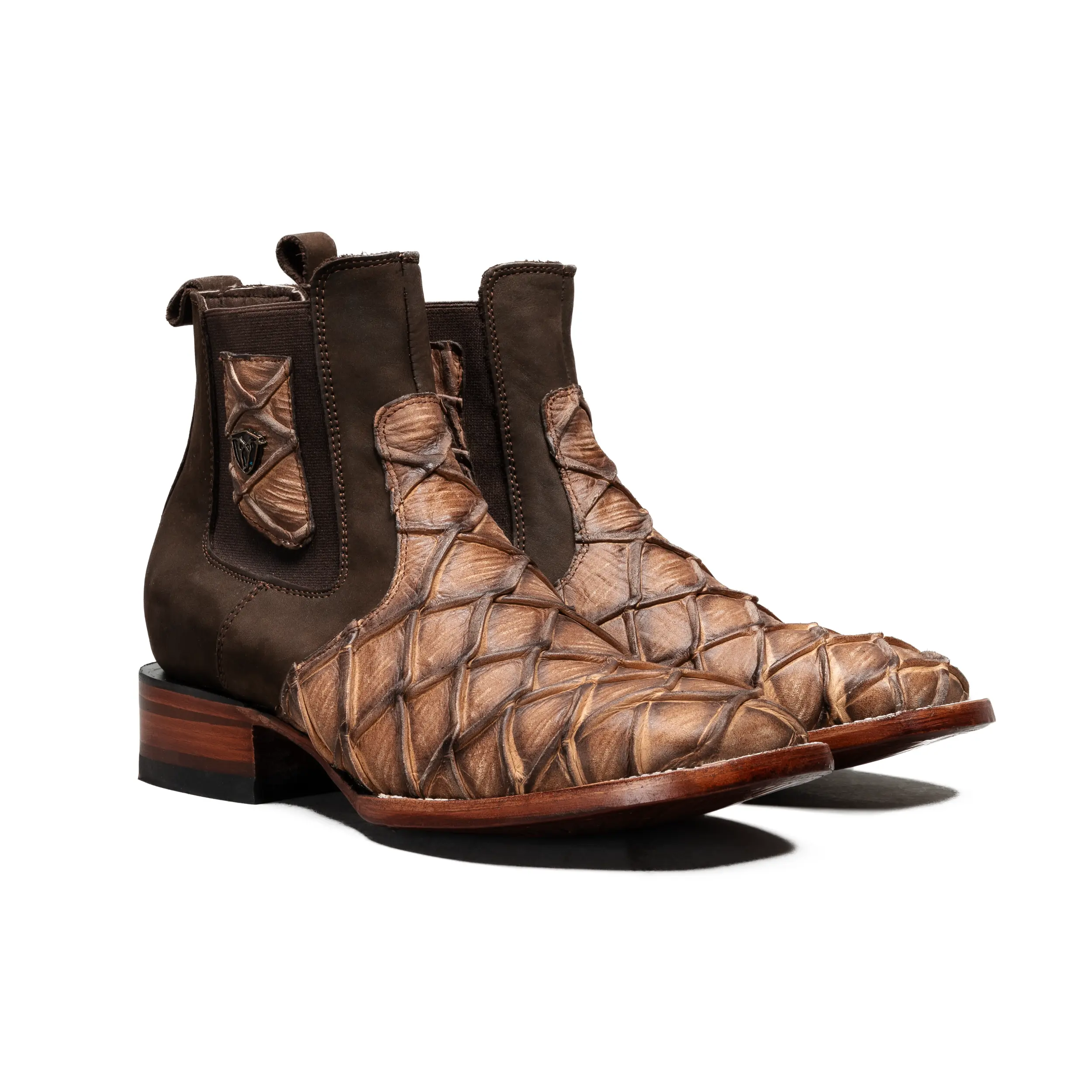Classic Monster Fish Piraruccu Cowboy Ankle Boot Premium Leather Square Toe Cut