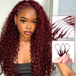 Bling Hair 100% Human Hair Feather Crochet Extensions Burmese Curly Deep Wave Kinky Curly Pre-Separated Miracle Knots Boho Braids for Women Burgundy 99j (4-5 Packs for Full Head)