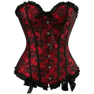 Womens Floral Black Lace Trim Corset Overbust Waist Cincher Bustier Top