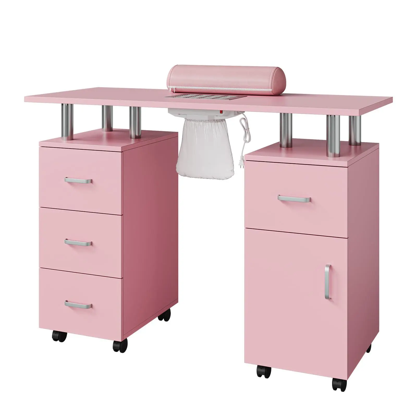 GAOMON Rolling Manicure Table - Specialty Salon Furniture Organizer with Lockable Wheels, Storage Cabinets, Drawers, Multiple Shelves, Dust Collector, Arm Rest, Waterproof Acetone Resistant MDF for Nail Techs, Nail Desk Workstation