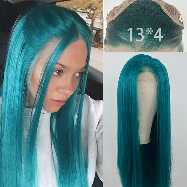 well wigs Green Color Hair Lace Front Wigs Synthetic13x4 Long Silky Straight Heat Resistant FiberGlueless Frontal Lace Replacement Wig PrePlucked With Baby Hair Natural Hairline 26Inches Transparent Lace, Gift For Women