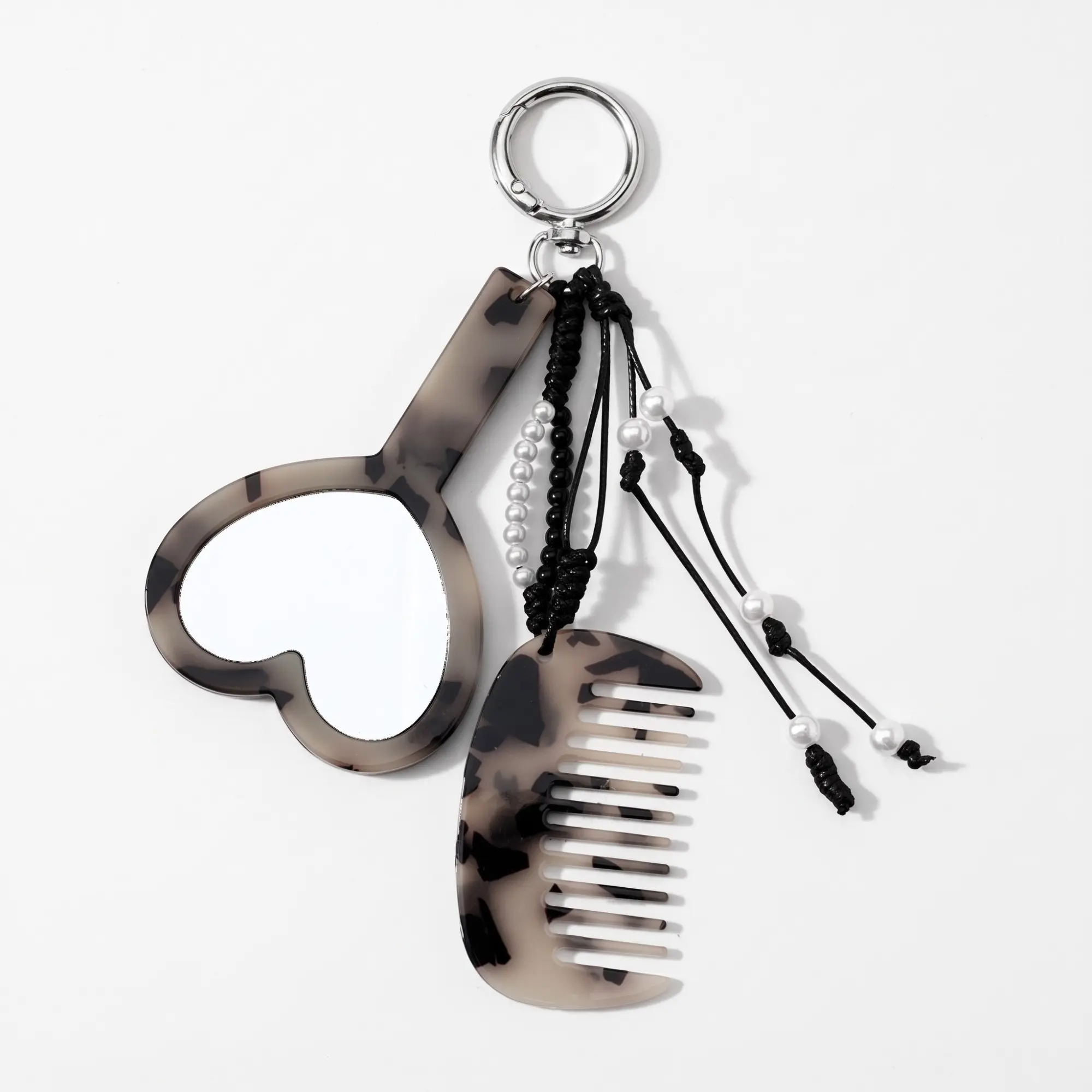 Marbled Heart Mirror and Mini Comb Bag Charm Keychain, Retro Acrylic Purse Charm with Beads