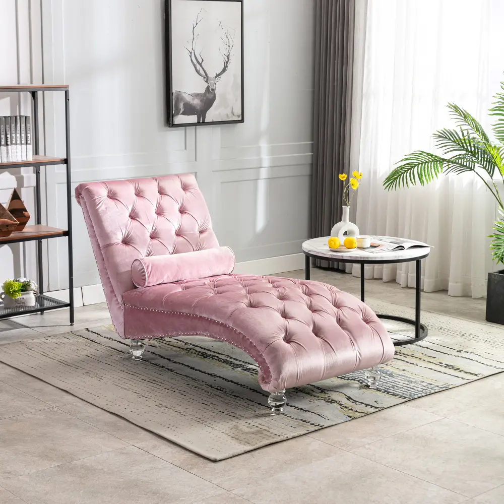 Pink Velvet Ergonomic Design Chaise Lounge Chair - Button-Tufted Upholstered Indoor Furniture with Pillow for Living Room, Bedroom - Living Room Decor
