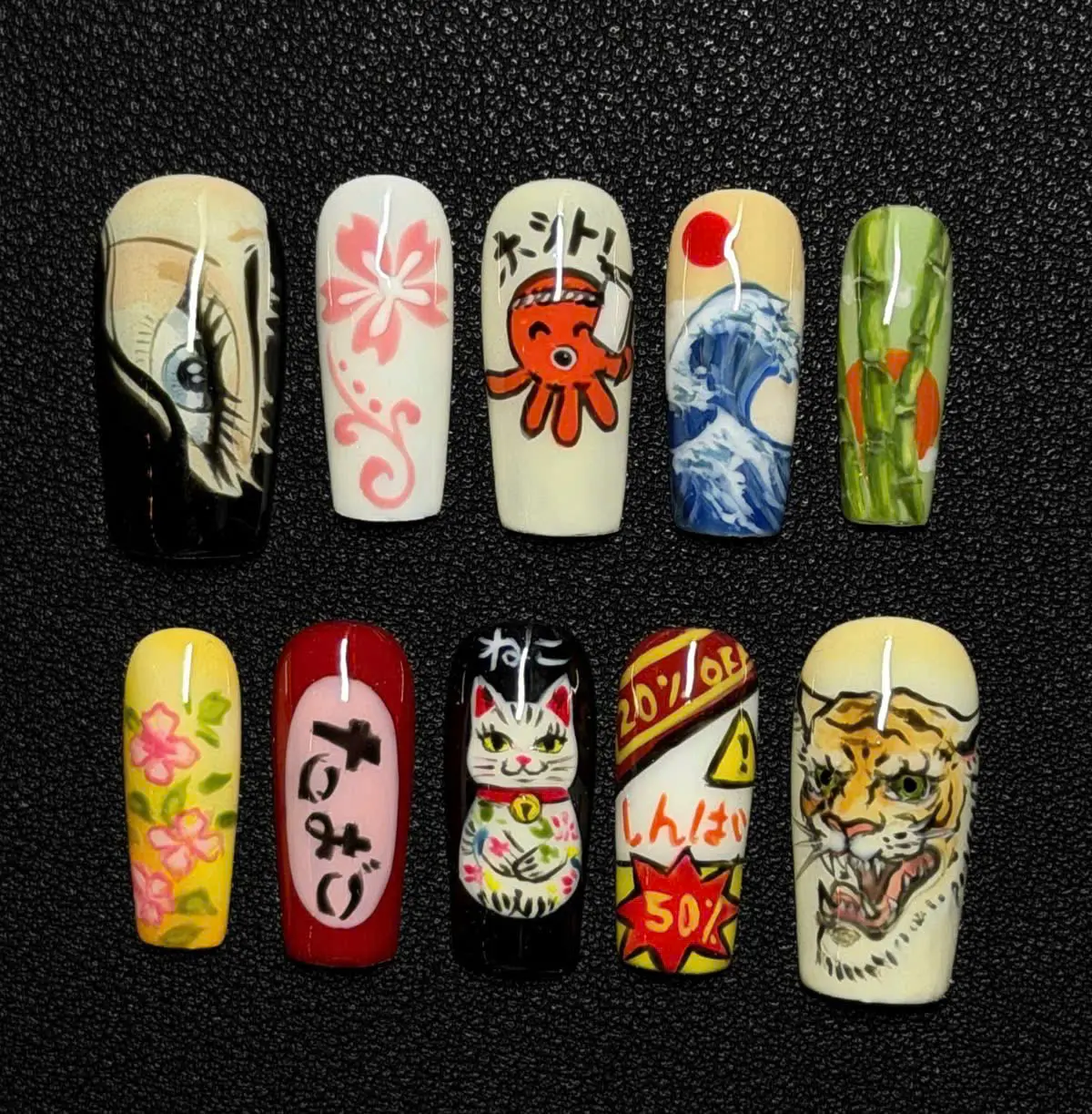 Handmade White Anime Japanese Culture Square Soft Gel Reusable Press-On Nails Set, Beauty Nail Art Decoration Accessories