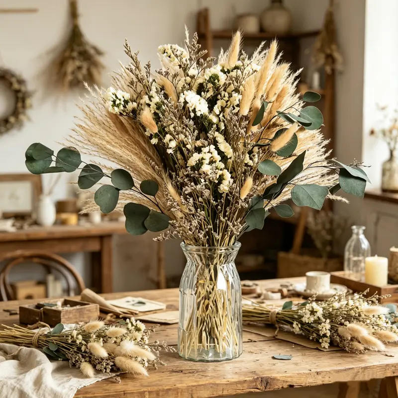 54PCS Pampas Grass Bouquet – Fluffy boho floral arrangement for home decor, wedding centerpieces, bedroom aesthetic, vase styling, and DIY floral displays, Floral Arrangement Centerpiece, Dried Pampas Artificial Flowers
