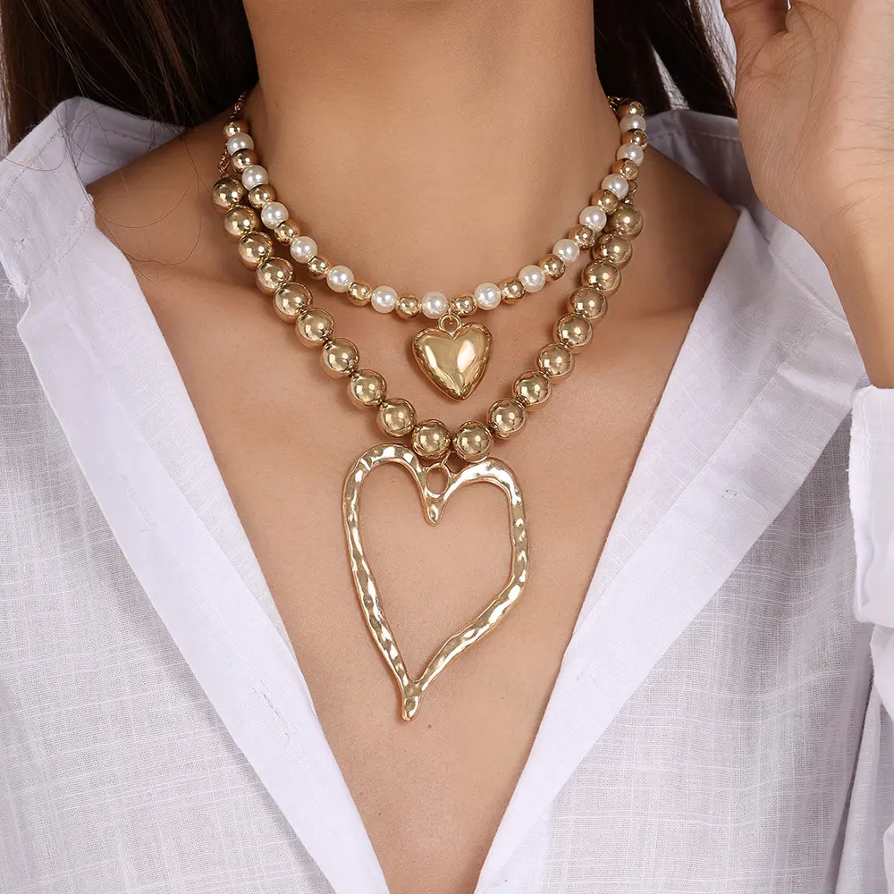 Women's 2-Piece Chunky Necklace Set, Boho Aesthetic Jewelry with Diamond Cut Heart-Shaped Beads, Waterproof Artistic Statement Accessories, Two Piece Set