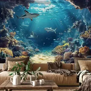 1pc Underwater Shark Printed Tapestry - Ocean Theme Wall Hanging Decor with Coral Reef & Marine Life Design, 100% Polyester Brushed Fabric, Horizontal Indoor Wall Art for Living Room, No Battery Needed
