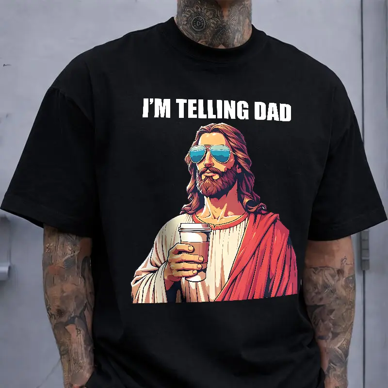 Comical Jesus Cotton T-shirt with I’m Telling Dad Text Humorous and Trendy Design