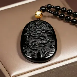 Obsidian Dragon Necklace Lucky Amulet Protection Pendant with Beaded Chain, Spiritual Jewelry Gift for Men and Women