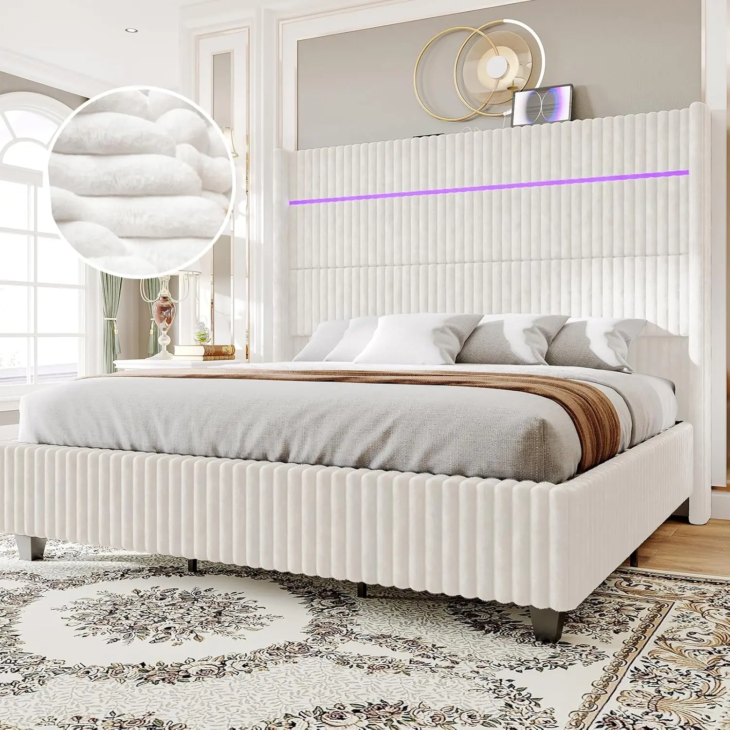 [SummerSale]Amerlife King Size Modern Platform Bed Frame - Corduroy Upholstered, 60" Tall Wingback Tufted Ergonomic Headboard, LED Lights, Charging Station, No Box Spring Needed, Ergonomic Upholstered Headboard, Wingback Tufted Headboard