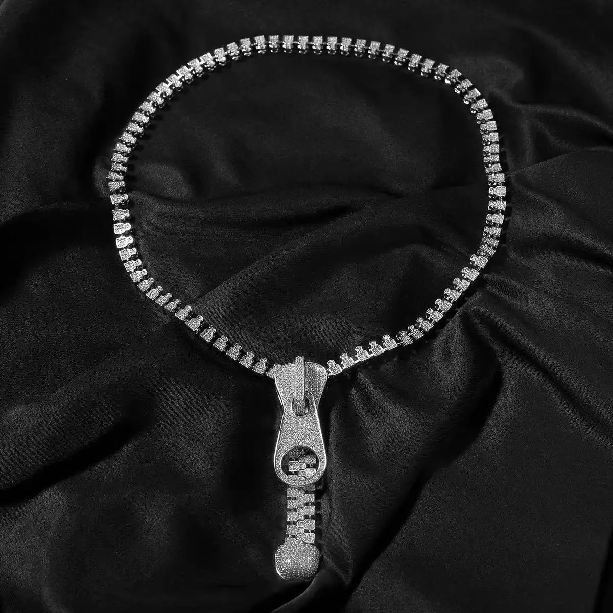 9144 Streetwear Hip Hop Zip Pendant Tennis Chain Necklace - Iced Out Bold Casual Chain & Link Jewelry, Unisex Wear Men's Accessories for Male Edgy Statement Zipper Pull Charm
